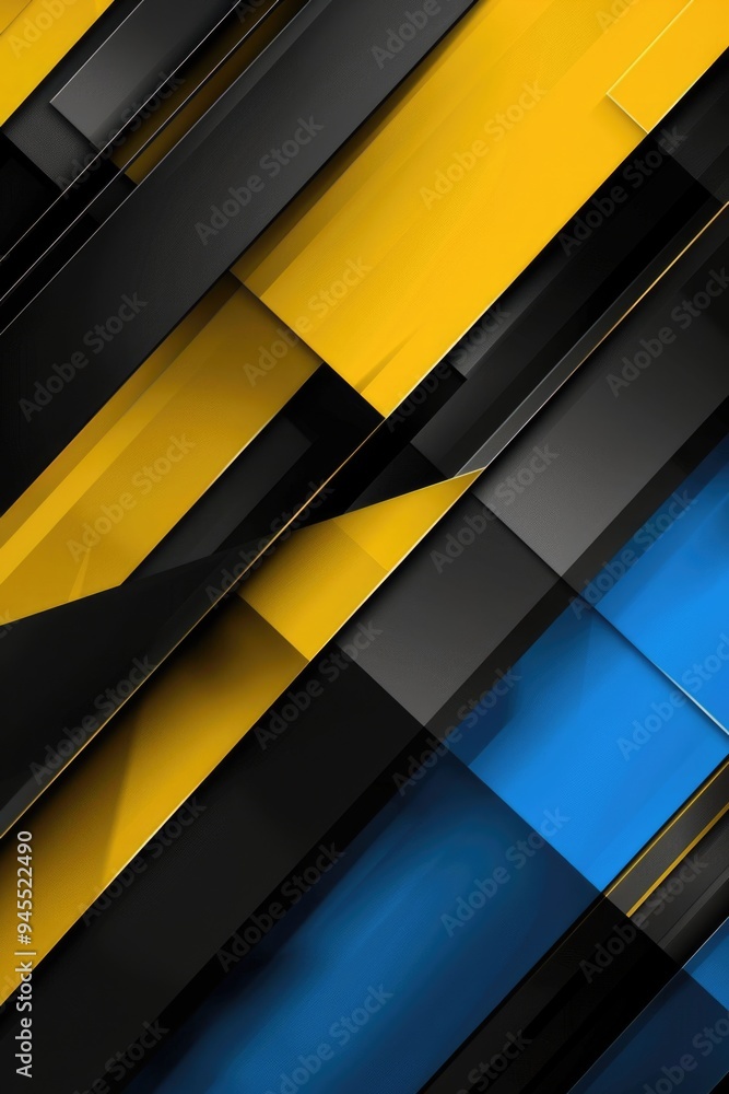 Poster simple geometric design featuring alternating black and yellow stripes with blue and yellow lines