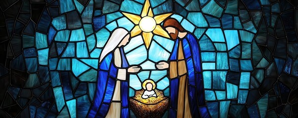 Stained glass nativity scene with rich blues, golds, and whites, featuring Mary, Joseph, and baby Jesus under a glowing star, nativity stained glass, traditional Christmas decor