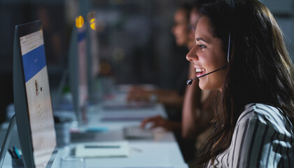 Business woman, computer and talking in call center for contact us, help and online advice in...