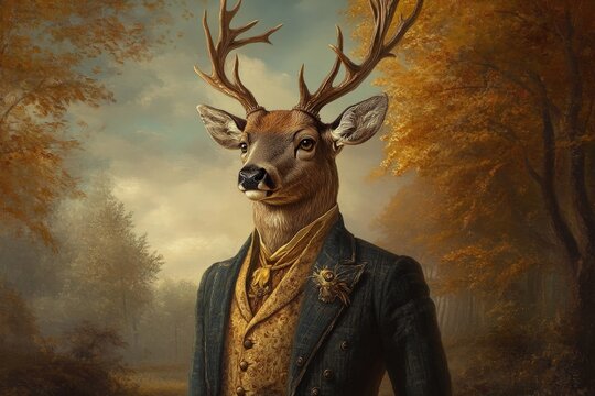 A deer dressed in Victorian-style human clothes, standing upright in a natural, autumnal setting, blending elements of anthropomorphism and traditional artistry.