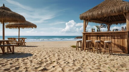 Fototapeta premium A rustic wooden beach cocktail bar on tropical island, blue sky day, summer holiday in paradise.