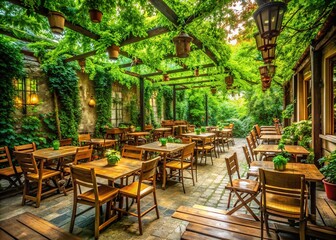 Fototapeta premium Serene abandoned outdoor cafe setting with rows of empty wooden chairs and tables scattered beneath a vibrant green canopy, surrounded by lush foliage.