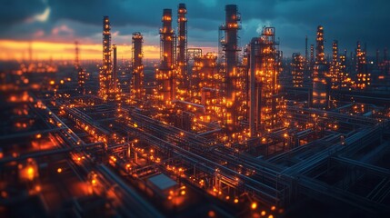 panoramic view of oil refinery at twilight with illuminated storage tanks and overlay of rising stock charts
