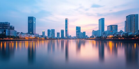 Obraz premium A tranquil city skyline reflected in calm waters at sunset, showcasing modern architecture and beautiful lighting.