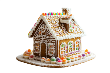 Colorful gingerbread house with festive candy decorations.