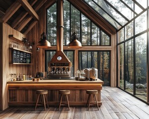 High-tech brewing setup in a rustic wooden cabin, merging advanced technology with organic materials, creating a serene yet futuristic ambiance