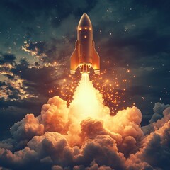 Rocket Launch Through Dramatic Clouds and Stars