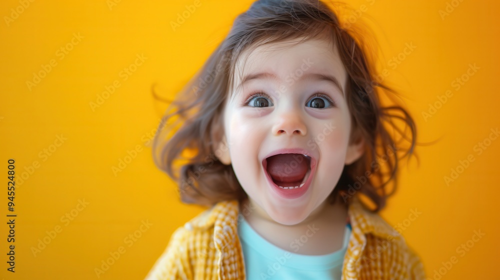 Poster a joyful toddler with curly hair expresses excitement while playing in front of a vibrant orange bac