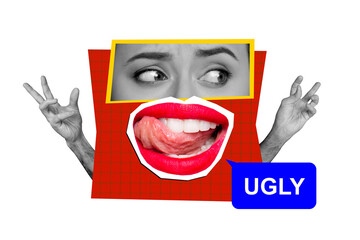 Creative picture collage woman face fragments eyes cutout mouth lick tongue ugly textbox message...