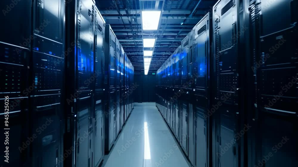 Poster exploring a dark data center filled with server racks and dim blue lighting