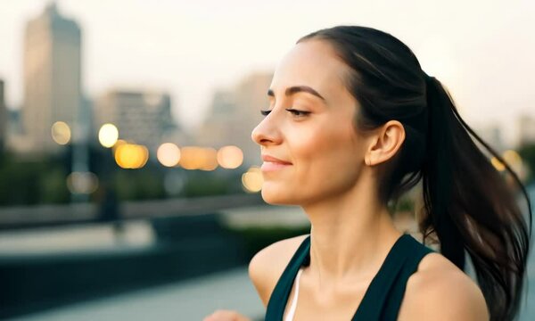a woman jogging early in the morning through a bustling city street surrounded by tall buildings, light traffic, and a vibrant, energetic atmosphere