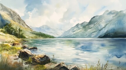 Watercolor Landscape of a Serene Mountain Lake