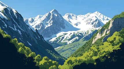 Hispanic Natural Heritage: Minimalist Illustrations of Spain's Snow-Capped Peaks and Lush Valleys