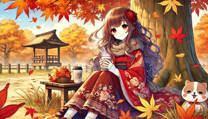 紅葉の木の下で温かい飲み物を楽しむ秋の少女