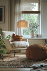 Obraz premium A warm and inviting living room with various pieces of furniture, lit by a lamp