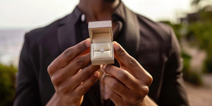 Shot of a man holding an open jewellery box with an engagement ring Will you marry me