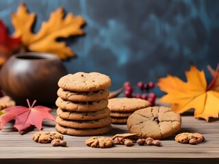 Fototapeta premium Cookies on a Wooden Table Filled with Autumn Leaves for Cafes, Bakeries, and Cozy Fall Vibes