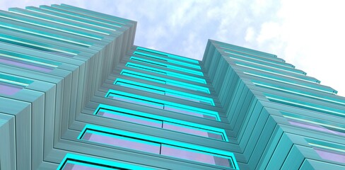 Fototapeta premium Facade of a private rental apartment house. Aluminum paneling finish. Cloudy sky in the background. 3D rendering.