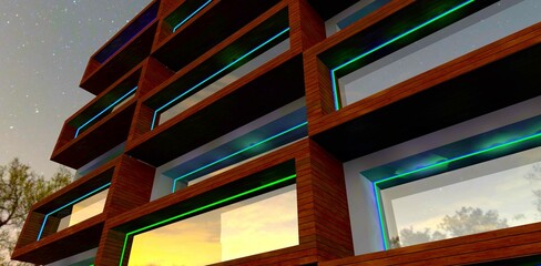 Night view of a low-rise condominium with a wooden facade. A suitable banner for real estate advertising. 3D rendering.