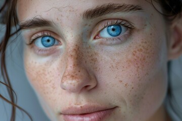 Close-up portrait of a woman with distinctive freckles on her face