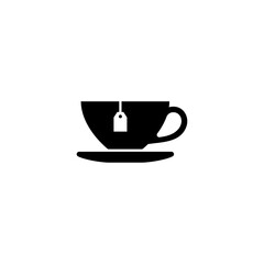 Simplistic black tea cup icon with tea bag on saucer.