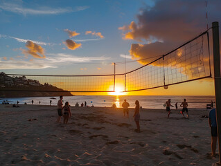 Sunset beach volleyball match captured in a raw, vivid style with stunning colors and action.