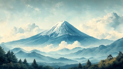 Fototapeta premium A minimalist, vintage-inspired depiction of Mount, with the mountain's iconic silhouette set against a calm sky