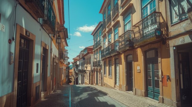 Narrow cobblestone street lined with tall buildings, suitable for city or town scenes