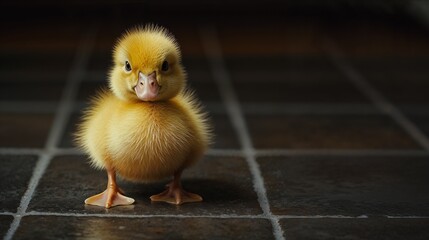 A small yellow duck stands on a tiled floor, looking at the camera