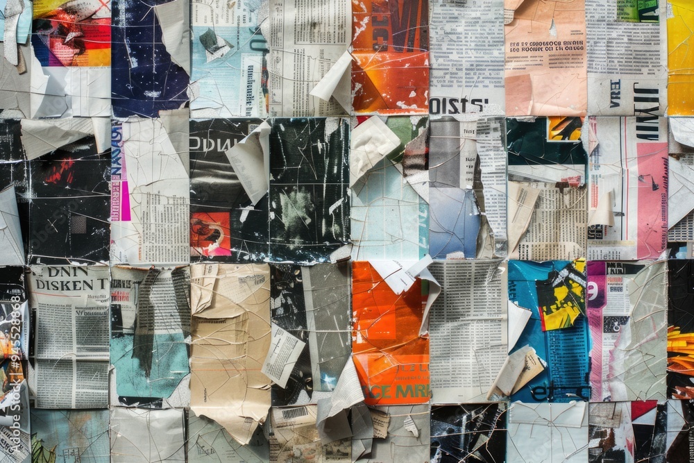 Poster a collection of papers pinned to a wall in an office setting
