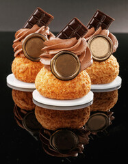 Quality product. Delicious cake against black background