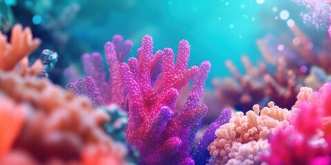 Obraz premium Vibrant underwater coral scene with colorful formations and sunlight filtering through the water, showcasing marine biodiversity.