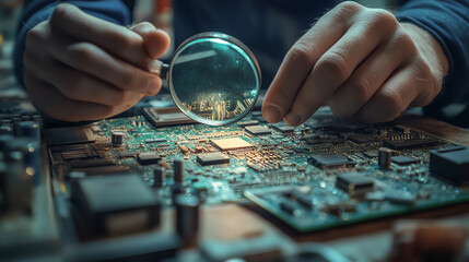 Close-up of technician inspecting a circuit board with magnifying glass.