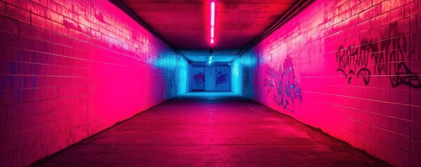 Vivid neon lights illuminate a graffiti-laden tunnel, creating a vibrant and moody atmosphere for...