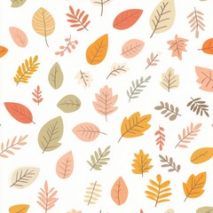 Seamless Pattern of Autumn Leaves and Delicate Flowers in Pastel Red, Orange, and Yellow,| Cute Doodle Art Style, Vector Illustration on White Background