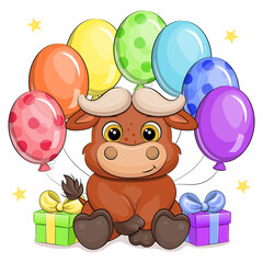 Cute cartoon buffalo with rainbow balloons and gifts. Festive vector illustration of an animal on a white background with stars. © Olena