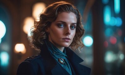 Obraz premium A woman with curly brown hair stands in front of a colorful city lights background at night