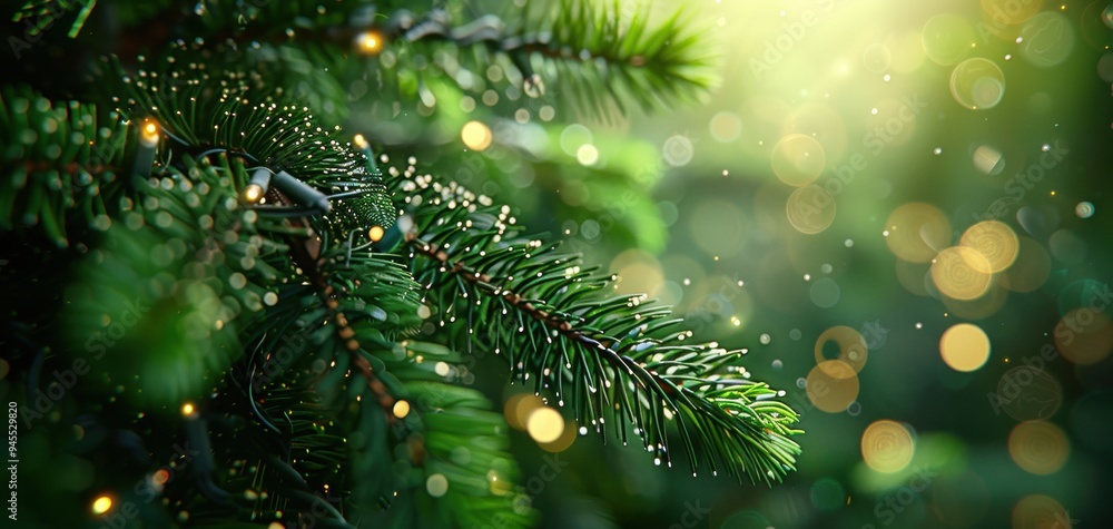 Poster close-up of a pine branch with festive lights and a bokeh background, creating a magical holiday atm