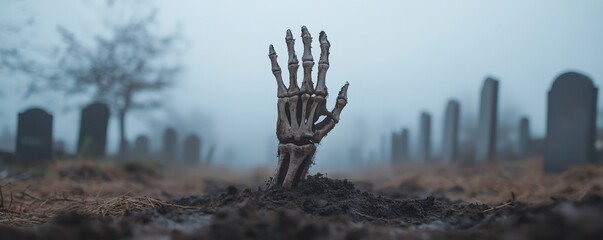 A haunting scene of a skeletal hand emerging from the ground in a misty graveyard, evoking eerie feelings of the afterlife.