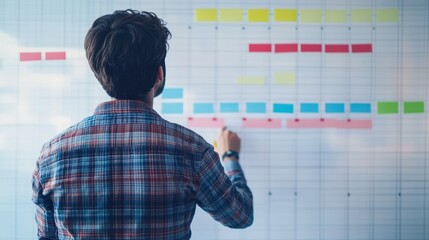A man analyzes a colorful project timeline on a large screen, highlighting important tasks and deadlines for effective management.