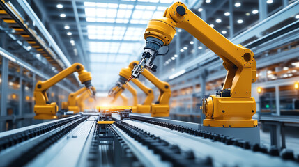 Robotic arms working on an assembly line in a factory.