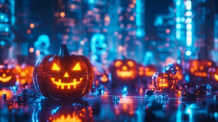 Vibrant Halloween decorations in neon hues, featuring holographic jack-o'-lanterns and glowing skeletons, set against a high-tech urban backdrop