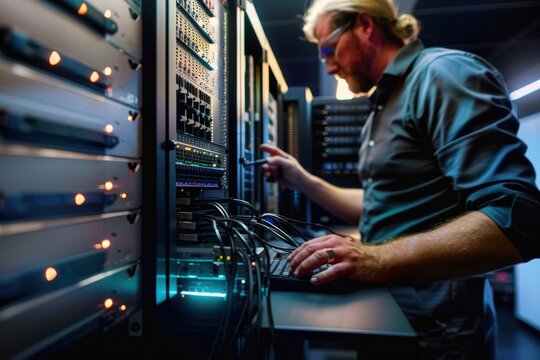Computer Server Technician at Work A male network server technician repairs and programmes a computer server in a university.
