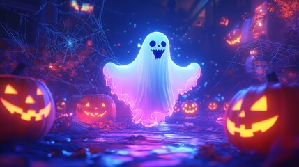 Neon-colored ghost floating in a vibrant, futuristic Halloween scene, surrounded by glowing jack-o'-lanterns and digital spider webs, all bathed in neon lights