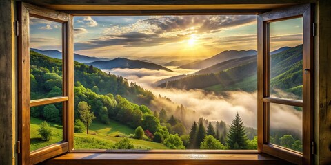 Serene morning scene featuring a partially opened window with a breathtaking view of a misty valley surrounded by lush green mountains and trees.