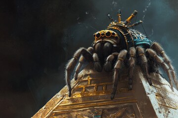 Fototapeta premium A colossal spider intricately adorned with regal artifacts, perched dramatically upon an ancient, lavishly decorated pyramid, evoking an air of mystery and grandeur.