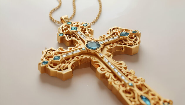 A large, ornate cross made of gold and diamonds or rhinestones on a soft  background