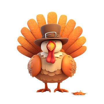 Cute 3d Thanksgiving Turkey wearing pilgrim hat character. Fall holidays clipart