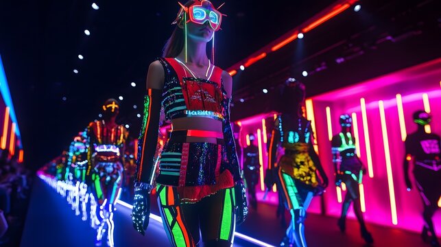 Models on a 3D-rendered runway wearing Halloween costumes featuring modern pop culture references and vibrant lighting