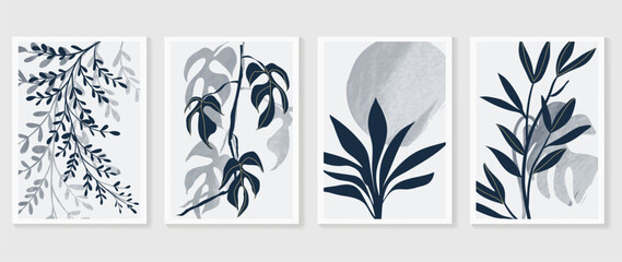Abstract foliage wall art vector. Collection of hand drawn leaves with navy blue watercolor texture, leaf branch, line art. Botanical poster set for wall decoration, interior, wallpaper, banner.